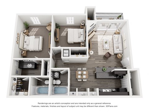 Floor plan for 2 beds, 2 baths, 944 sqft